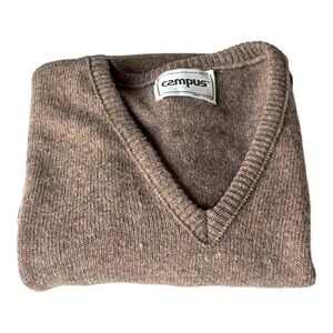 Campus Vintage brown wool blend sweater vest with V-neck and ribbed hem | XL